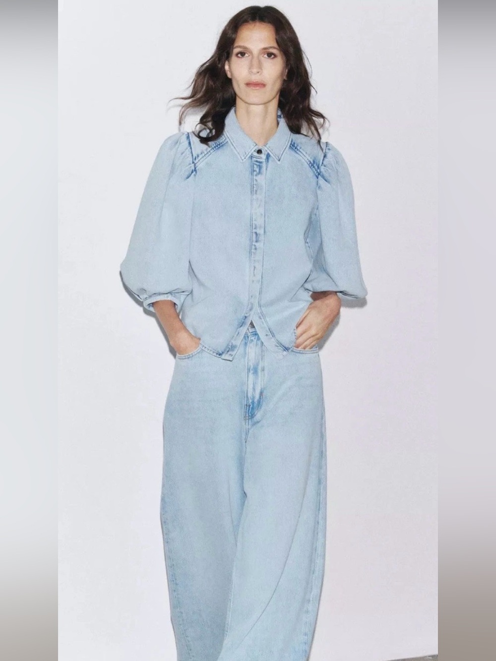 Zara ZW COLLECTION DENIM BLOUSE Puff sleeves Light Blue NWT Small